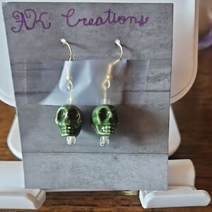 Handmade Green Skull Earrings With Gold Wire